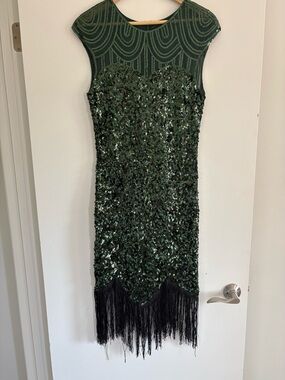 Emerald Green Sequin Flapper Dress w/ Fringe Hem – Gatsby Style – Size s